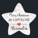 Merry Christmas purpurina nombre pegatina<br><div class="desc">Elegante estrella de "Feliz Navidad y Año Nuevo Feliz" con forma de palo con un tipo de letra negro sobre un fondo purpurina plateado adornado con un lindo corazón rojo. Texto personalizado.</div>