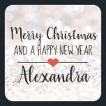Merry Christmas purpurina nombre pegatina<br><div class="desc">Elegante "Feliz Navidad y un feliz Año Nuevo" con forma de palo con un tipo de letra negra en un fondo purpurina plateado adornado con un lindo corazón rojo. Texto personalizado.</div>
