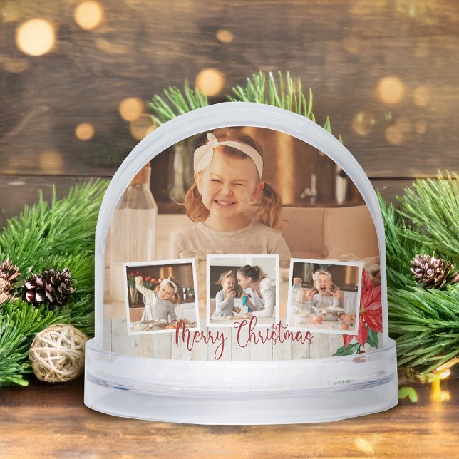 Merry Christmas Rustic Floral 4-Photo Snow Globe (Subido por el creador)
