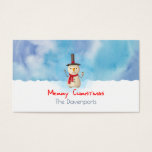 Merry Christmas Snowman Waving And Smiling<br><div class="desc">A holiday gift card with a cute snowman illustration. He is wearing a black stovepipe hat, holding a classic corn cob pipe, and wearing a red scarf. Standing in the cold white snow smiling and waving hello. The background is composed of a watercolor sky with blue and purple colors blending...</div>