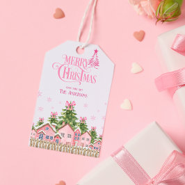 Merry Christmas Tree Pink Bow Holiday Etiqueta de 