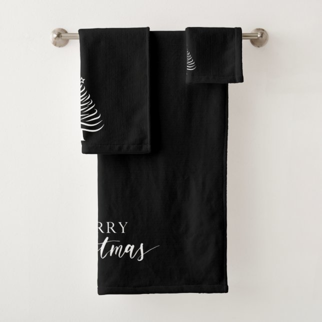 Merry Christmas Tree Towel Set Minimalist Black (In situ)