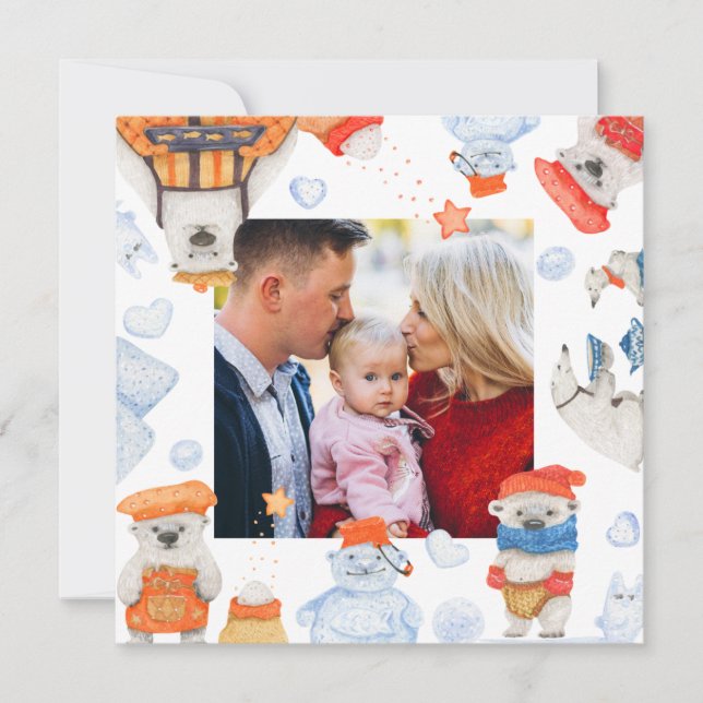 Merry Christmas Watercolor Cule Polar Oso Foto (Anverso)