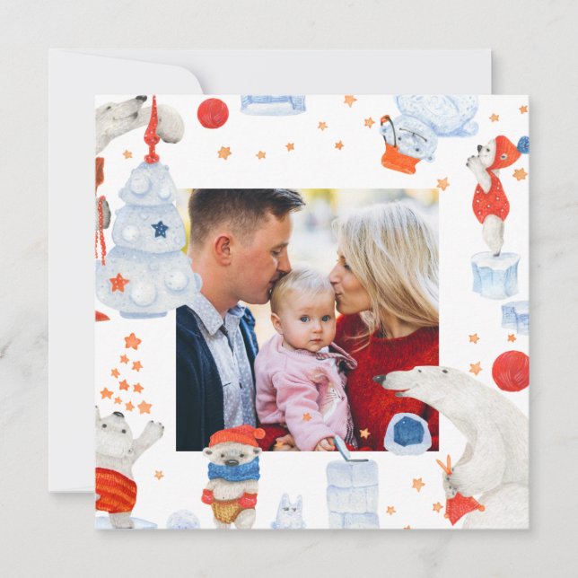 Merry Christmas Watercolor Cule Polar Oso Foto (Anverso)