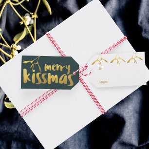 Merry Kissmas Modern Gold Mistletoe Gift Etiqueta
