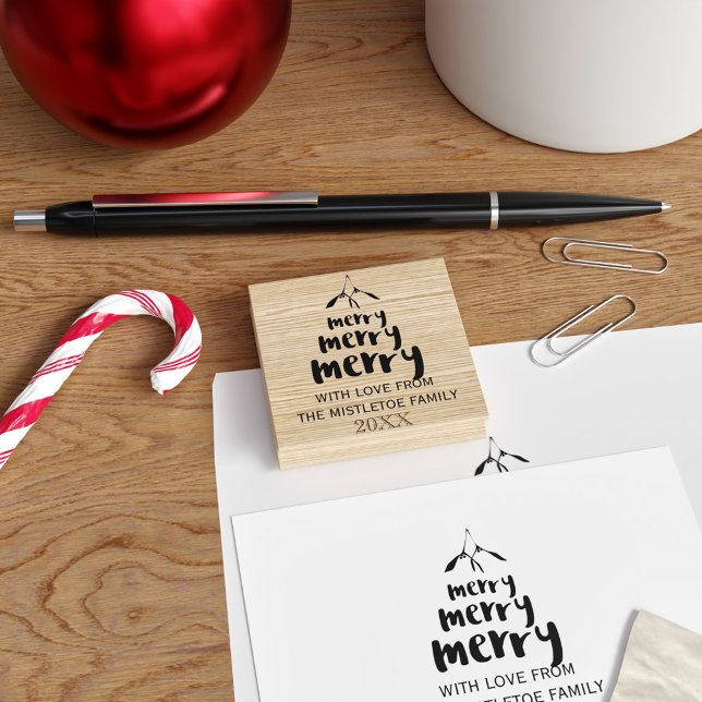 Merry Mistletoe Nombre de familia Navidades Sello  (Merry Mistletoe Rubber Stamp with space for your family name and year)