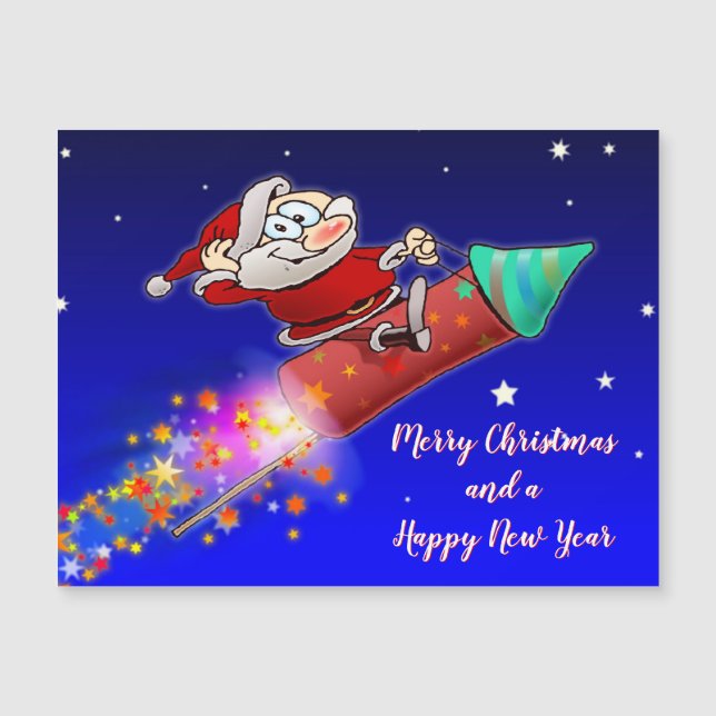 Merry Santa Riding Un Cohete De Año Nuevo (Anverso)