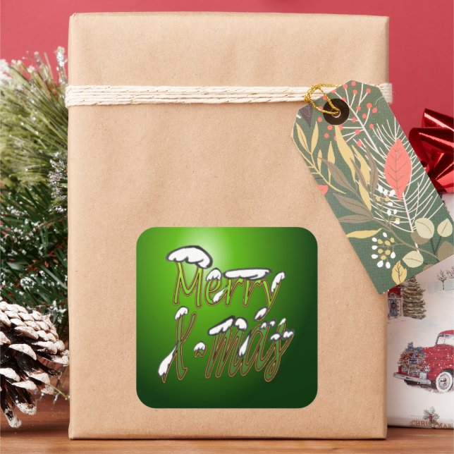 Merry X-mas Green Lettering Square Pegatinas (Vacaciones)