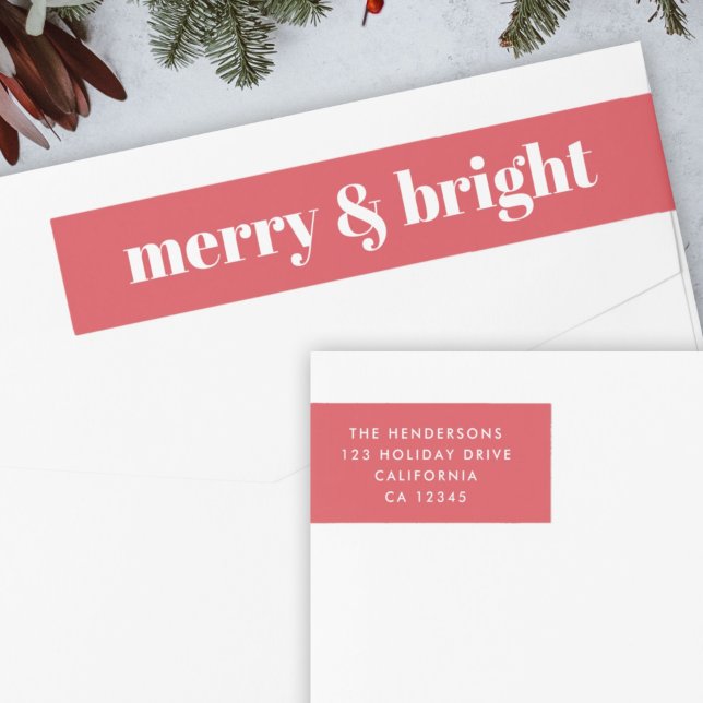 Merry y Bright | Navidades modernos de rojo brilla (“Merry & Bright” envelope wrap address label by Guava for your festive mail)