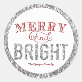 Merry y BRIGHT, Purpurina plateado y etiquetas roj