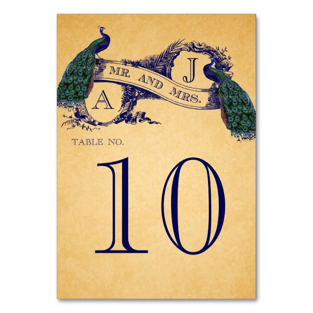 Mesa Blue Peacocks Tarjeta de número de tabla de bodas  (Anverso)