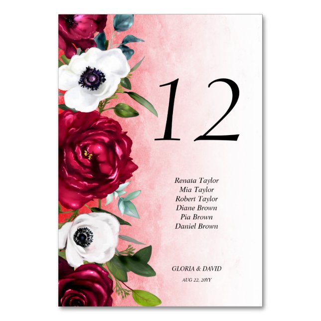 Mesa Boda Floral Blanco Rojo Número de tarjeta (Anverso)