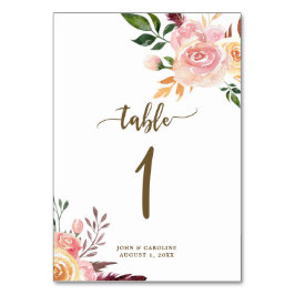 Mesa Boda número de tabla tarjeta boho floral