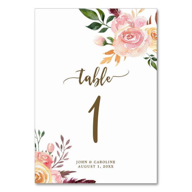 Mesa Boda número de tabla tarjeta boho floral (Anverso)
