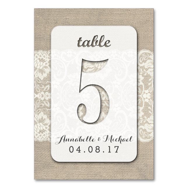 Mesa Burlap Lace Rústico Boda Número de la tarjeta 5 (Anverso)