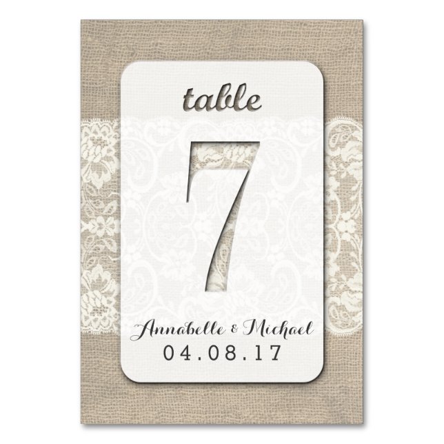 Mesa Burlap Lace Rústico Boda Número de tabla Tarjeta 7 (Anverso)