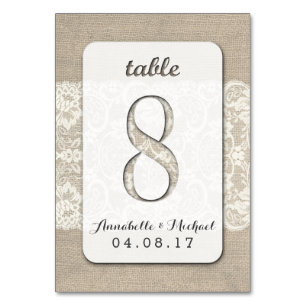 Mesa Burlap Lace Rústico Boda Número de tabla Tarjeta 8