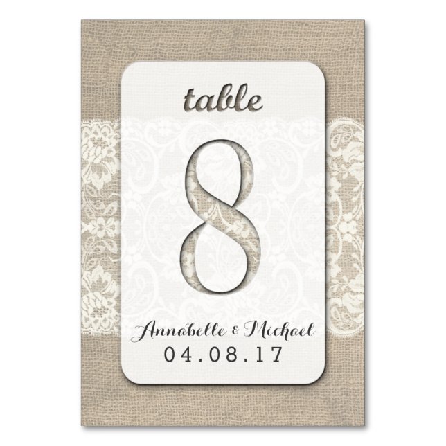 Mesa Burlap Lace Rústico Boda Número de tabla Tarjeta 8 (Anverso)