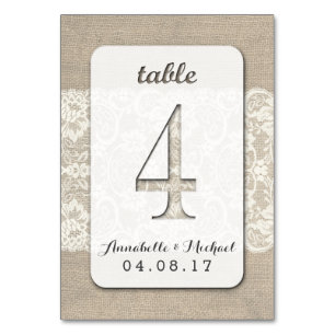 Mesa Burlap Lace Rústico Boda Número de tarjeta 4
