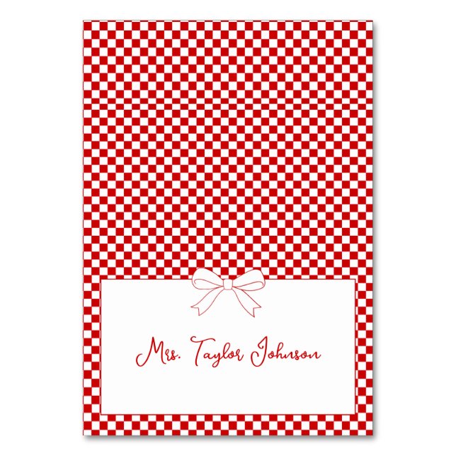 Mesa Ciao Baby! Tarjeta de lugar con lazo de gingham ro (Anverso)