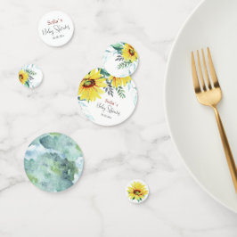 Mesa Confetti para la ducha de bebé con girasoles.