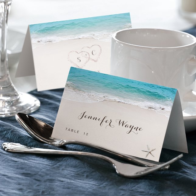 Mesa Corazones en la playa de arena tarjeta de matrimon (Hearts in the sand beach wedding Place Card)