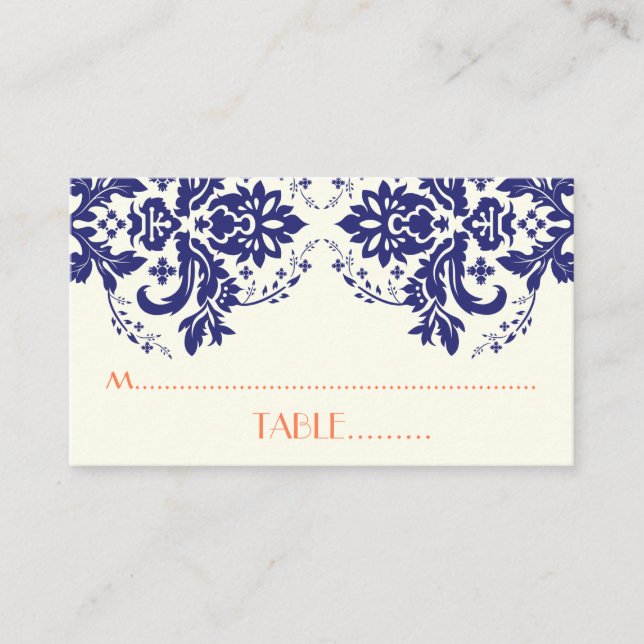 Mesa Damask motif azul marino, tarjeta de lugar boda de (Anverso)