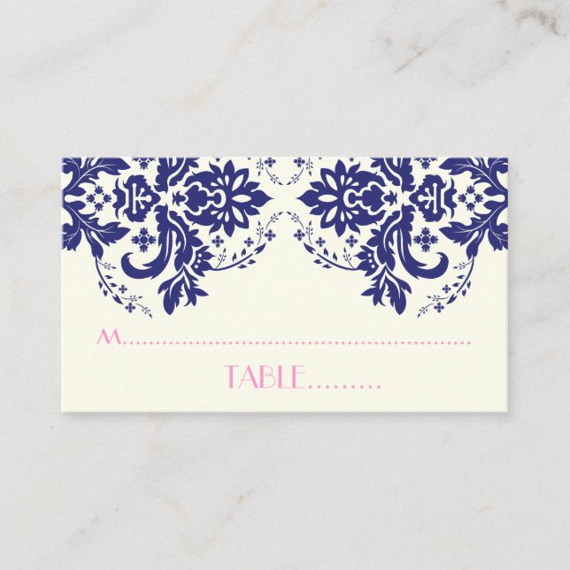 Mesa Damask motif azul marino, tarjeta de lugar boda ro (Anverso)