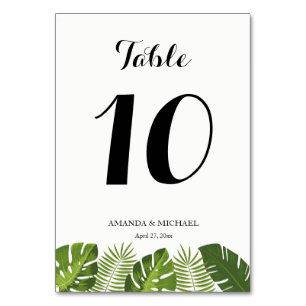 Mesa Deja la tarjeta de número de tabla de boda tropica