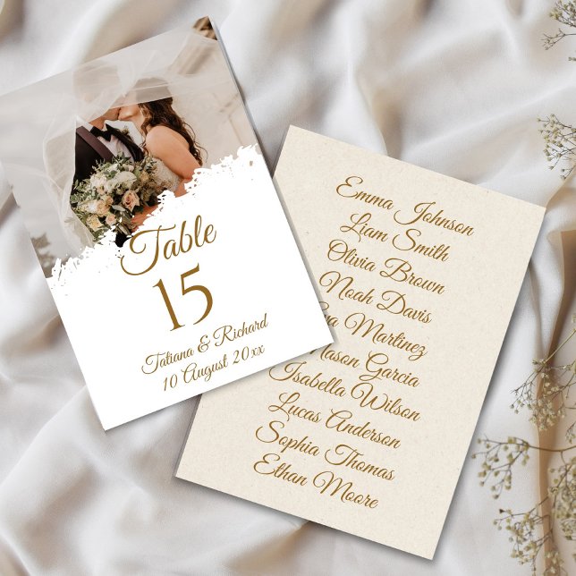 Mesa Elegante tarjeta de tabla de guiones dorados de fo (elegant photo and gold script wedding table number card)