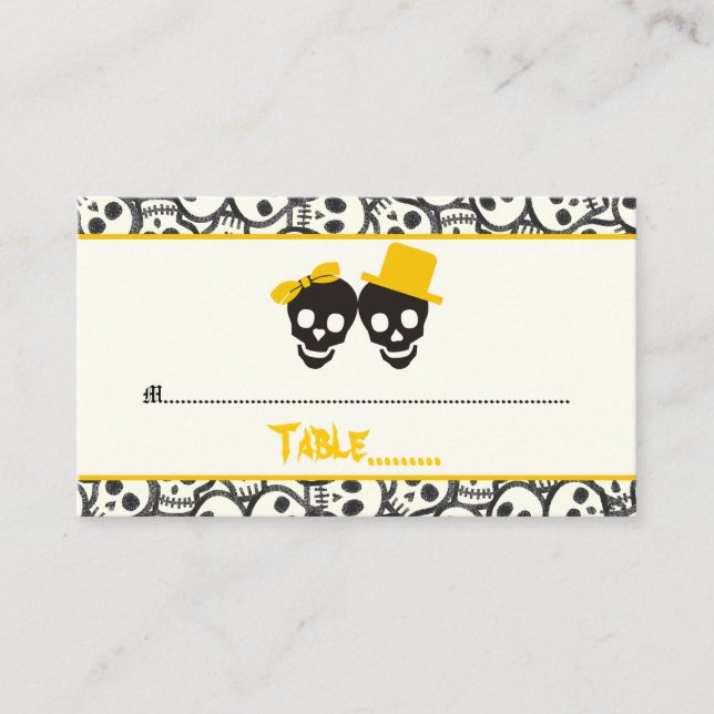 Mesa Elegantes cráneos tarjeta de lugar boda amarillo H (Anverso)