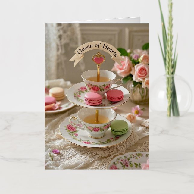 Mesa floral, tazas de té, bandejas apiladas reina  (Anverso)
