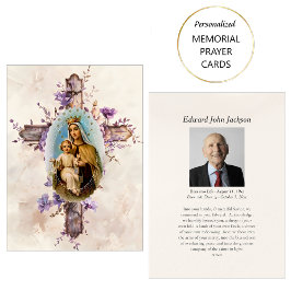 Mesa Flores moradas Tarjeta de plegaria funeraria Virgi