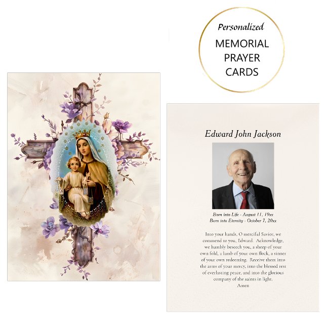 Mesa Flores moradas Tarjeta de plegaria funeraria Virgi (Subido por el creador)