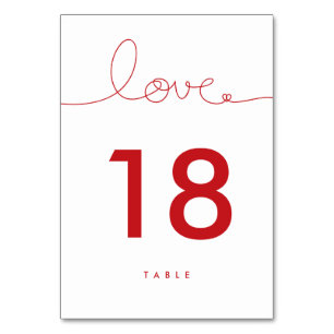 Mesa Loopy Love Red Heart Boda Tabla Número de tarjeta