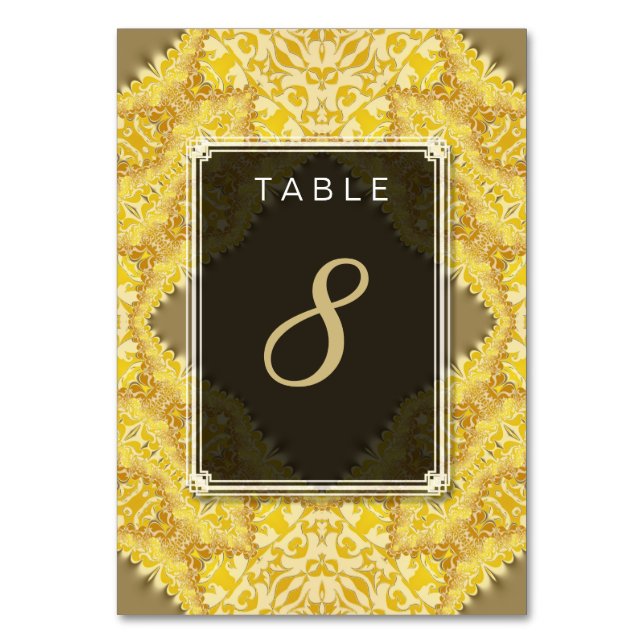 Mesa Menú de Boda de Damasco Amarillo Dorado + Tarjeta  (Anverso)