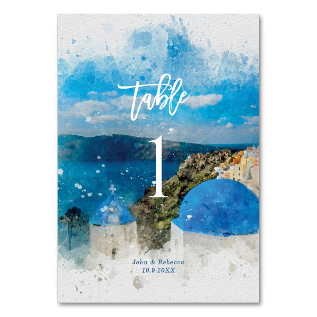 Mesa Santorini, tarjeta de número de cuadro boda de Gre (Anverso)