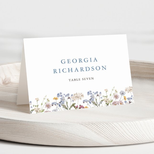 Mesa Tarjeta Boho Place de Wildflower Meadow Garden Wed (Colorful Spring Wildflower Meadow Garden Wedding place card with guest name and table number)