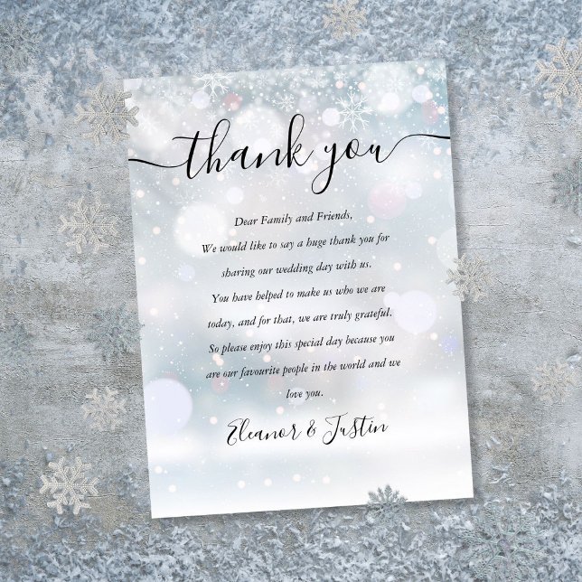 Mesa Tarjeta de agradecimiento de boda con guión de cop (Winter Snowflakes Script Wedding Thank You Place Card)