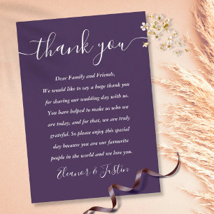 Mesa Tarjeta de agradecimiento de boda con guión púrpur