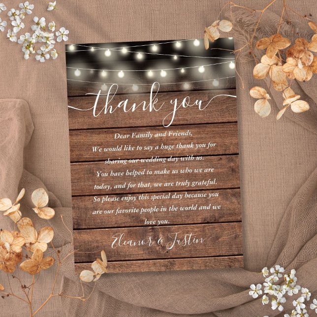 Mesa Tarjeta de agradecimiento de luces de cuerda rústi (Rustic String Lights Wedding Thank You Place Card)