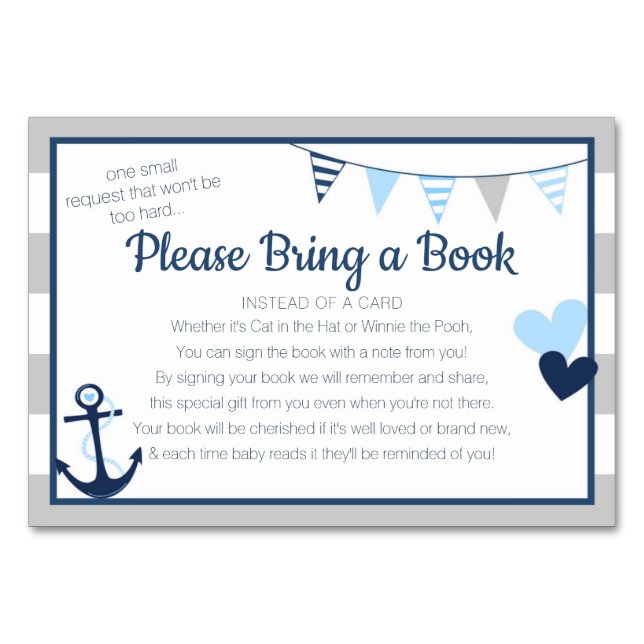 Mesa Tarjeta de Baby Shower "Book Request Ahoy Nautical (Anverso)