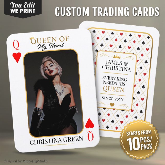 Mesa Tarjeta de Colección Personalizada, Foto de Poker  (Custom Trading Card, Queen of Hearts Poker Photo Place Card)