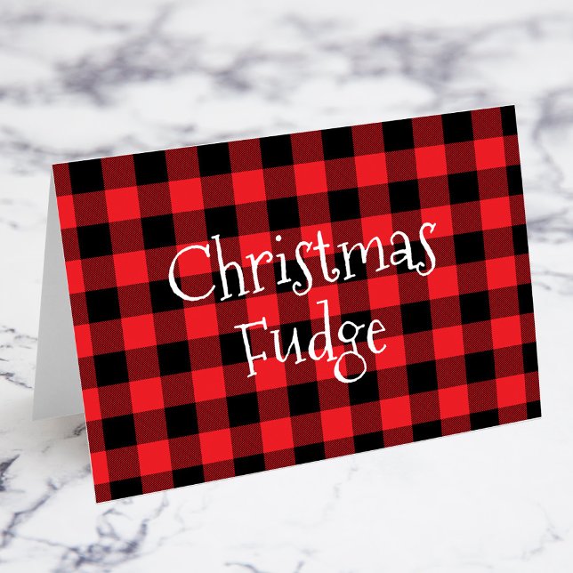 Mesa Tarjeta de comida de Navidad con cuadros de búfalo (Christmas Party or Potluck Food Signs with a Classic Red and Black Buffalo Check Pattern)
