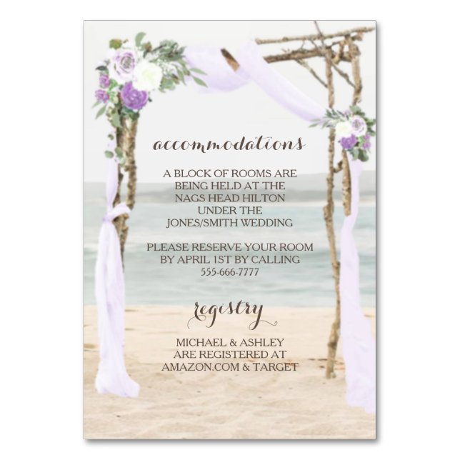 Mesa Tarjeta de detalles del Boda de Beach Arbor Lavend (Anverso)