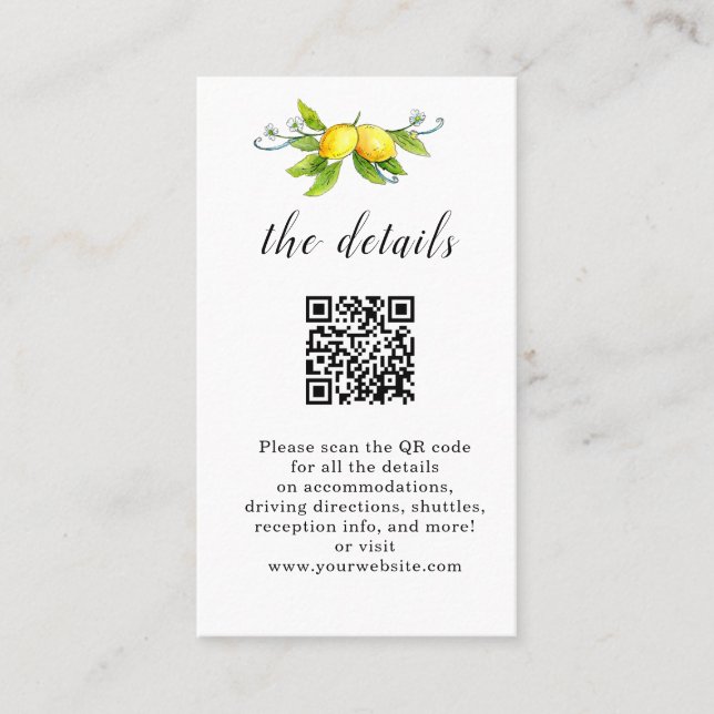 Mesa Tarjeta de detalles del boda de código QR de Lemon (Anverso)