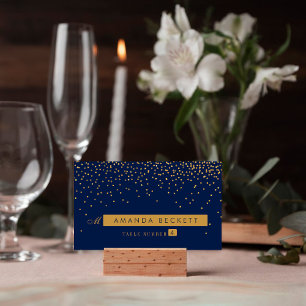 Mesa Tarjeta de Escort Boda de Confetti Azul y Glam Gol