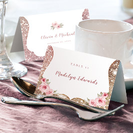 Mesa Tarjeta de lugar con brillo rosa dorado con flores