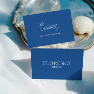 Mesa Tarjeta de lugar de boda azul y blanco clásica ele
