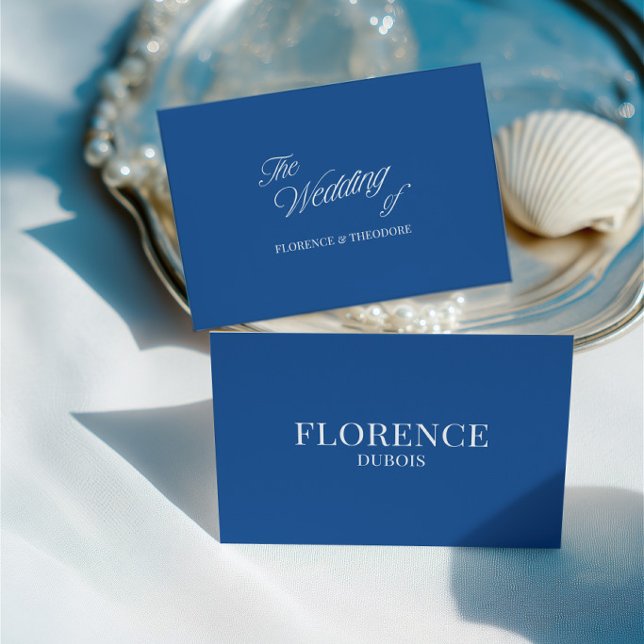 Mesa Tarjeta de lugar de boda azul y blanco clásica ele (Elegant Classic Blue & White Wedding Place Card)